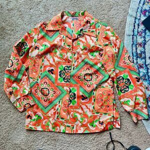 Retro Vintage Orange and Green Paisley Button-down 60s 70s